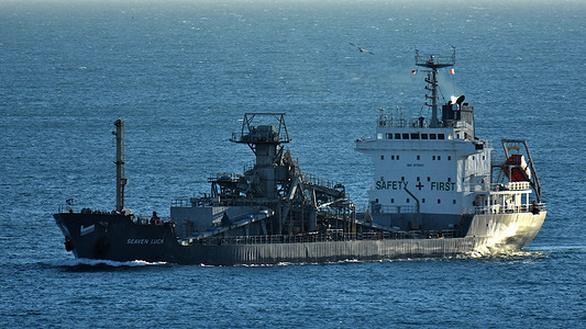A view of the cement carrier ship Seaven Luck as it arrives at the French Mediterranean port.
