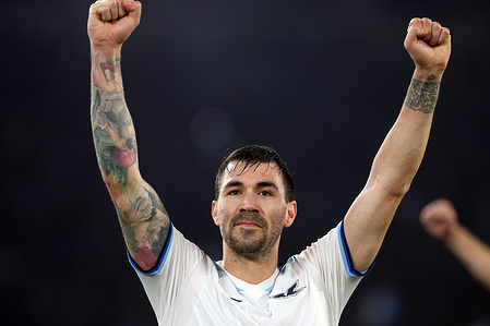 Alessio Romagnoli of Lazio celebrates during the UEFA Europa League 2024-2025, round 16, match between SS Lazio and Viktoria Plzen at Olympic Stadium. Final scores; SS Lazio 1 : 1 Viktoria Plzen.