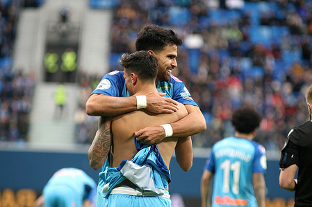 Gustavo Mantuan (No.31), Rodrigo de Souza Prado, commonly known as Rodrigo (No.10) of Zenit celebrate during the Russian Premier League football match between Zenit Saint Petersburg and Khimki at Gazprom Arena. 
Final score; Zenit 3:2 Khimki.
