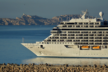 Passenger cruise ship Seven Seas Grandeur arrives at the French Mediterranean port of Marseille.