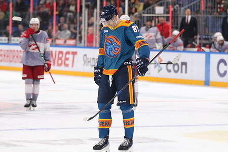 Nikita Popugayev (81) of Shanghai Dragons Hockey Club seen in action during the Hockey match, Kontinental Hockey League 2025/2026 between Shanghai Dragons China and Spartak Moscow at the SKA Arena. (Final score; Shanghai Dragons 1:3 Spartak Moscow).