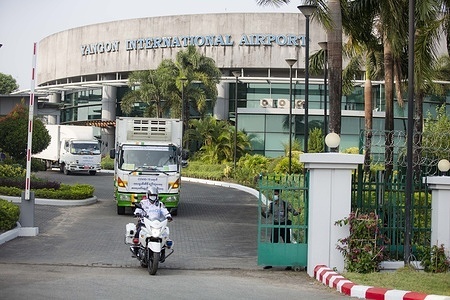 An escorted truck carrying Covid 19 vaccines seen leaving the airport building in Yangon.
1.5 million doses of vaccines from India arrived at Yangon International Airport.