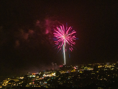 Fireworks illuminate the night sky over Main Beach during Independence Day celebrations in Laguna Beach, California, on July 4, 2026. Spectators gathered along the shoreline and surrounding areas to watch the annual Fourth of July fireworks display.