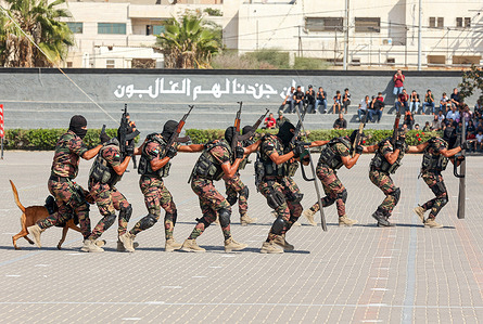 The Hamas security forces members show their skills in a drill held during a graduation ceremony in Gaza City. The Gaza strip has been under a crippling Israeli-led blockade since 2007, imposed after the Islamist movement Hamas took control of the territory.