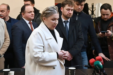Yulia Tymoshenko, head of the Batkivshchyna faction, attends a court hearing at the High Anti-Corruption Court in Kyiv. The head of the Batkivshchyna parliamentary faction, Yulia Tymoshenko, arrived at the High Anti-Corruption Court, where a preventive measure will be considered in a case involving allegations of bribing lawmakers in connection with votes in the Verkhovna Rada. On January 13, the National Anti-Corruption Bureau of Ukraine and the Specialized Anti-Corruption Prosecutor's Office reported that they had uncovered evidence of Yulia Tymoshenko allegedly offering unlawful benefits to members of parliament from other factions. Law enforcement officials said the bribes were allegedly proposed in exchange for voting for or against specific draft laws.