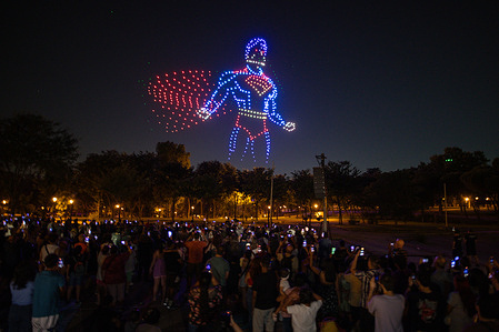 An image of Superman is projected by drones over the sky of Madrid. More than 600 drones were used today, Thursday, in the air show held at the San Isidro fairgrounds in Madrid, one day before the world premiere of the new Superman film.