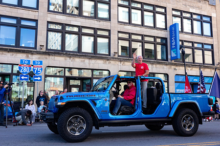 Bruce Baumhower, the retired president of UAW Local 12, stands inside a Jeep at the front of the Labor Day Parade. The annual Labor Day Parade takes place on Summit Street with over 90 different unions participating in downtown Toledo, Ohio.