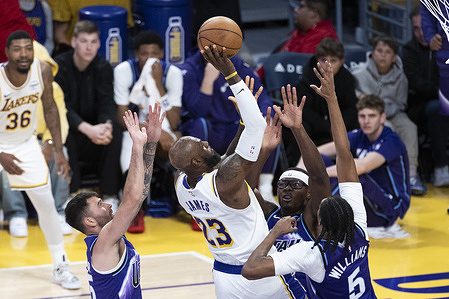 Los Angeles Lakers’ LeBron James (23) shoots against the Utah Jazz during an NBA basketball game at Crypto.com Arena on Sunday, April 12, 2026 in Los Angeles. Lakers 131:107 Jazz