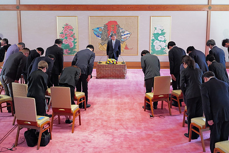 Japan's Emperor Naruhito greets the journalists during a press conference at the Imperial Palace in advance of his visit to Mongolia.