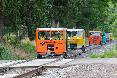 Railway motorcars travel on the North Shore Railroad. Members of the Northern Central Railcar Association (NCRA), an affiliate of the North American Railcar Operators Association (NARCOA), participated in an excursion riding on the North Shore Railroad between Northumberland and Berwick, Pennsylvania.