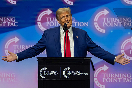 Former President Donald Trump speaks at a rally in Duluth, Georgia. Turning Point Action is hosting the rally in support of former President Donald Trump as the campaign enters its final 2 weeks.