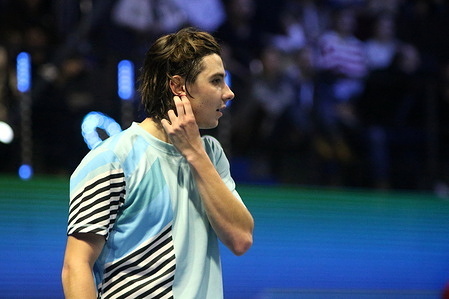 Alexander Shevchenko of Russia plays against Alexander Bublik (not pictured) of Kazakhstan during the exhibition tennis match of the North Palmyra Trophies - International Team Exhibition Tennis Tournament at KSK Arena. 
Final score; Alexander Bublik 2:0 Alexander Shevchenko.