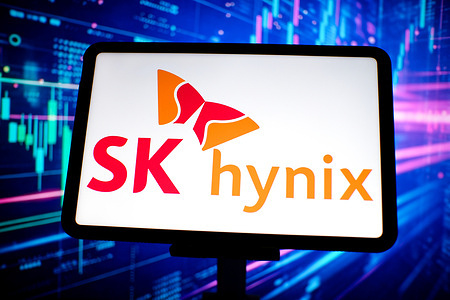 In this photo illustration, the SK hynix logo is displayed on the screen of a tablet.