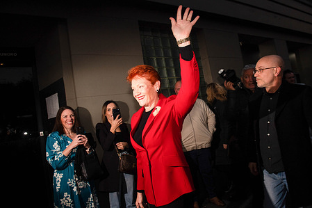 Senator Pauline Hanson arrives at Hawthorn 'Meet The Candidates Event'. Senator Pauline Hanson launched One Nation's Victorian election campaign on August 3, 2026, introducing candidates at Hawthorn East's Tower Hotel. The event drew a large demonstration by the Campaign Against Racism and Fascism, with riot police deployed to manage the chaotic protest.