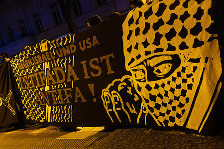 Police officers are present during a demonstration by left-wing groups against the police in the Friedrichshain district. The demonstration took place during the annual anti-police rally in Berlin’s Friedrichshain (often referred to as ACAB Day). Participants were protesting against police practices and law enforcement in general, and part of the demonstration also included pro-Palestinian slogans and messages.