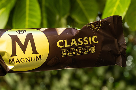 A Magnum logo is seen on a Classic ice cream.