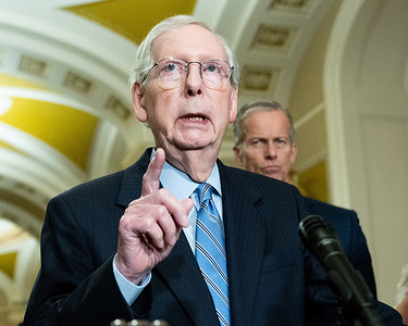 Senate Minority Leader Mitch McConnell (R-KY) speaking at a press conference after a Senate caucus luncheon at the U.S. Capitol.