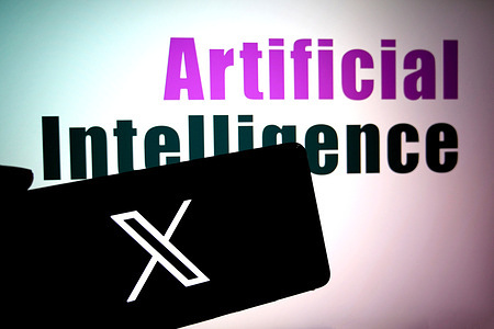 In this photo illustration, the X logo is seen displayed on a smartphone with the words 'Artificial Intelligence' in the background.