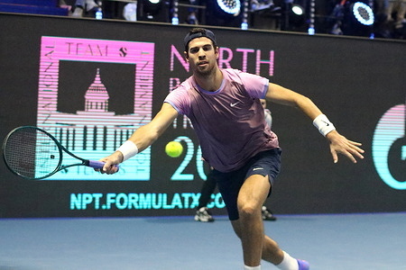 Karen Khachanov of Russia plays against Alexander Bublik/Thanasi Kokkinakis (Not in view) during the International Team Tennis Tournament Trophies of Northern Palmyra 2024 at The Arena. Final score: (Karen Khachanov/Roberto Bautista-Agut 3:3, 2:5, 4:4 Alexander Bublik/Thanasi Kokkinakis)