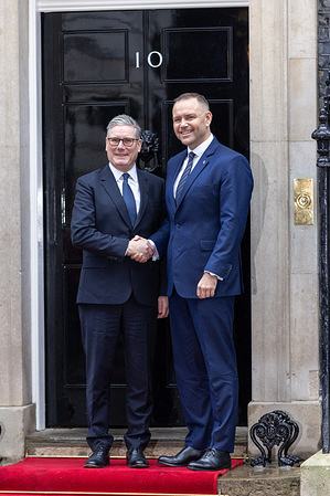 Prime Minister of the United Kingdom Sir Keir Starmer greets Poland's President Karol Nawrocki outside 10 Downing Street.