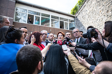 Leader of IYI Party Meral Aksener speaks to the press after casting her vote during the presidential and parliamentary elections. Millions of voters head to the polls in Turkiye as the country's presidential and parliamentary elections begun on Sunday at 8 a.m. local time (0500GMT).