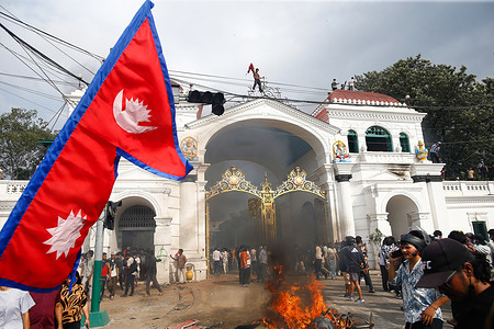 Protesters capture Singha Durbar, which housed the office of the former Prime Minister and other ministries, amid raging Gen Z protests against corruption and the social media crackdown in Kathmandu. Prime Minister K.P. Sharma Oli resigned earlier in the day amid intensifying unrest.