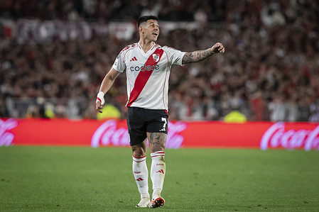 Adam Bareiro of River Plate gestures during the Copa CONMEBOL Libertadores 2024 Quarterfinal second leg match between River Plate and Colo Colo at Estadio Mas Monumental Antonio Vespucio Liberti. Final Score: River Plate1:0 Colo Colo