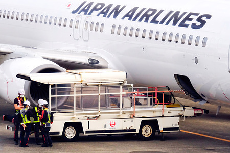 A Japan Airlines (JAL) airplane seen at the Tokyo International Airport, commonly known as Haneda Airport in Tokyo.
