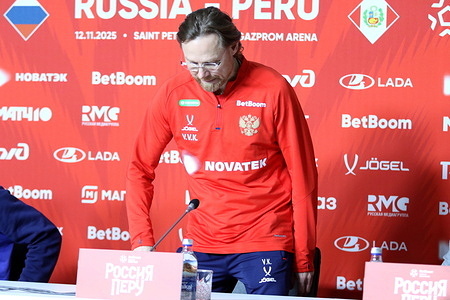 Valery Karpin, Head Coach, seen during a press conference before the BetBoom friendly match Russia - Peru.