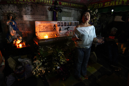 Actress and activist, Mae "Juana Change" Paner speaks after the funeral mass in Manila. Religious groups held a funeral mass in front of the Supreme Court in Padre Faura in Manila, two days after Maria Lourdes Sereno was ousted as the Chief Justice of the Philippines via Quo Warranto. According to the group, the empty coffin represents the death of justice and democracy in the country.