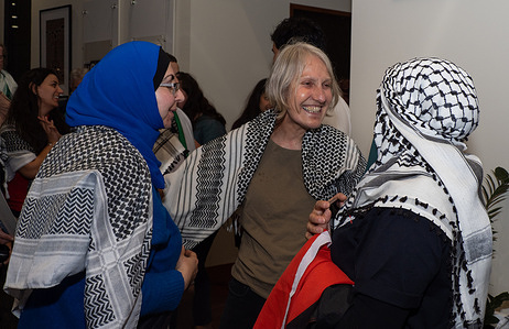 Merri-bek council member Sue Bolton smiles while speaking to protesters during the rally. Merri-bek City Council passes a resolution, the first-of-its-kind in Victoria and second only in Australia, condemning attacks on civilians in Israel and Palestine and specifically addresses Israeli war crimes committed in and during the occupation of Gaza. The measure included a provision to raise the Palestinian flag above Coburg Civic Centre for six months. A rally was held before and during the vote and was attended by council members Sue Bolton (Socialist Alliance) and James Conlan (Independent)