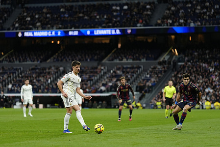Arda Güler of Real Madrid CF is seen in action during the LaLiga EA Sports match between Real Madrid CF and Levante UD at the Santiago Bernabéu. Final Score: Real Madrid CF 2 - 0 Levante UD