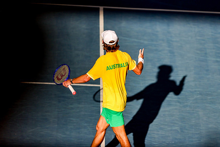 Alex De Minaur of Australia celebrates his win against Kamel Majchrzak of Poland in the Davis Cup play-off held at Pat Rafter Arena. Alex De Minaur won the match 6-3, 6-3 to give Australia a 3-1 win over Poland.