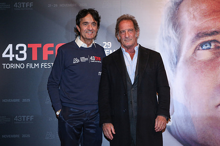 Giulio Base (L) and Vincent Lindon (R) attend the photo call on Day 9 during the Closed Ceremony of the 43rd Turin Film Festival
