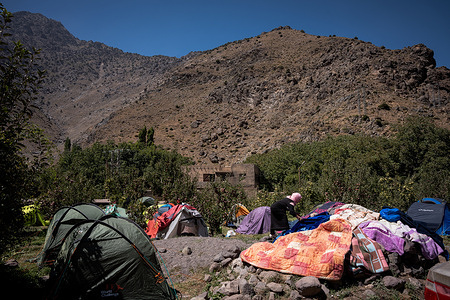 Villagers are seen living in tents after the earthquake destroyed their homes. Villagers living in Imlil in the Toubkal mountains, are still coming to terms with the destruction wrought by the earthquake last Friday. With many homes damaged or destroyed, villagers have been moved to tents and are being cared for by doctors from a nearby military hospital in Asni, where some 600 people a day are being treated. Almost 3,000 people are reported to have died in the earthquake.