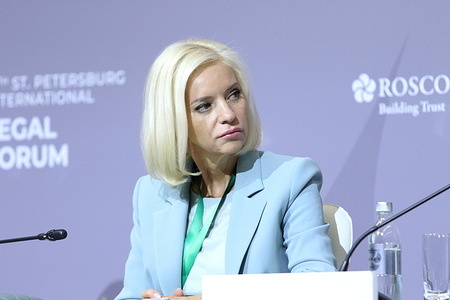 Olga Kazakova, Chairperson of the Committee on Culture of the State Duma of the Federal Assembly of the Russian Federation during the Law and Art: Edges of Interaction session at The St. Petersburg International Legal Forum at the Expoforum Convention and Exhibition Center.