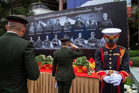 Thai army personnel seen paying respect to the pictures of the dead Thai soldiers during mourning ceremony for dead Thai soldiers at the royal Thai army headquarters. A total of 15 Thai soldiers were reportedly killed during clashes between Thai and Cambodian troops in a border dispute during 24 - 28 July 2025.