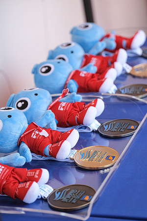 Medals seen during the Men's 100m Breaststroke on Day 1 of the qualifying for the International Swimming - 61th "Settecollli" Trophy 2025.