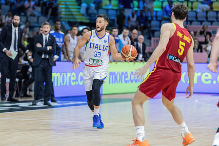 Marco Spissu of Italy seen in action during the group phase of the FIBA EuroBasket 2025 between Italy and Spain at Spyros Kyprianou Arena. Final score Italy 67: 63 Spain.