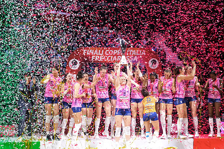 Conegliano seen celebrating their Coppa Italia victory during the Coppa Italia A1 Frecciarossa 2025-2026 match between Prosecco DOC A. Carraro Imoco Conegliano and Savino Del Bene Scandicci at Inalpi Arena . Final score; Conegliano 3 : 0 Scandicci