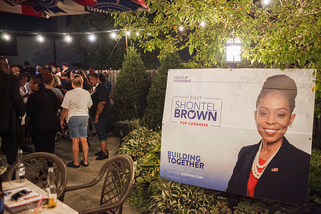 A sign for Shontel Brown at her election watch party. 
Voters came out to the polls for a special election in Ohio's 11th district. The two main leading candidates for this House of Representatives seat are two Democrats, Nina Turner, a progressive candidate, and Shontel Brown, who represents the traditional Democratic establishment.