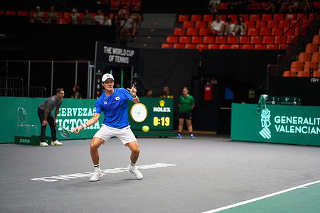 Soonwoo Kwon of Korea Republic in action during the Valencia Davis Cup Finals, (Group C), match 2, against Jiri Lehecka of Czech Republic Czechia at Fuente de San Luis Stadium. Final Score: Czech Republic 3:0 Korea.