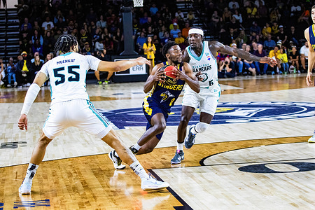 Edmonton Stinger's Elijah Miller (C) splits the Winnipeg defense of David Muenkat (L) and Alex Campbell (R) in the final Regular Season Game in 2024 CEBL action against the Winnipeg Seabears. Winnipeg Seabears (9-11) 86:89 Edmonton Stingers (13-7)