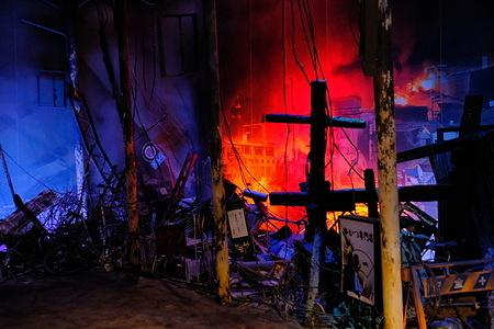 The town around Sannomiya, which was engulfed in flames and reduced to rubble is seen preserved as it was on January 17, 1995, at the Disaster Reduction and Human Renovation Institution (DRI) in Chuo Ward. At the Disaster Reduction and Human Renovation Institution (DRI) in Chuo Ward, Kobe City, Hyogo Prefecture, visitors can learn about the Great Hanshin-Awaji Earthquake that struck on January 17, 1995. The disaster claimed 6,432 lives and caused unprecedented destruction. The center preserves detailed records and exhibits documenting the events of that tragic day, enabling visitors to understand the scale of the devastation and reflect on the importance of disaster preparedness and mitigation.