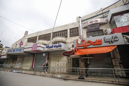 Stores in Palestine are closed during a general strike in the West Bank city of Nablus. The general strike happened after Israeli forces killed 5 Palestinians in Aqabat Al-Jabr refugee camp in Jericho in West bank .