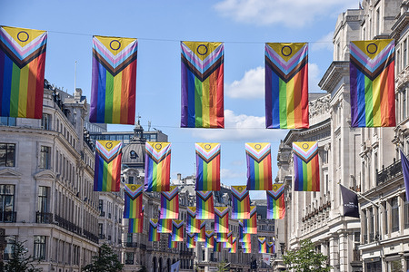 Pride flags seen decorating Regent Street for Pride Month.