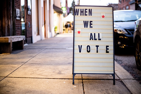 When we all vote sign seen on the side of the road.
2020 elections are getting close and signs are seen outside people’s yards and at businesses.
