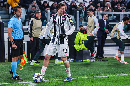 Kenan Yildiz of Juventus FC seen in action during UEFA Champions League 2025/26 League Phase Matchday 6 football match between Juventus FC and Pafos FC at Allianz Stadium. Final score Juventus FC 2 : 0 Pafos FC