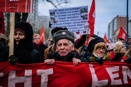 Old man at the Annual Liebknecht-Luxemburg left-wing demonstration in Berlin.
Several thousand people recalled Rosa Luxemburg and Karl Liebknecht, who were shot dead by Freikorp soldiers in Berlin in January 1919 during the Spartacan uprising.