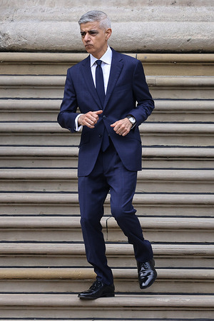 Sadiq Khan (R) Mayor of London departs the British Museum in London after viewing design recommendations, the final design and other elements of the national memorial to the late Queen Elizabeth II, marking the 100th anniversary of her birth.